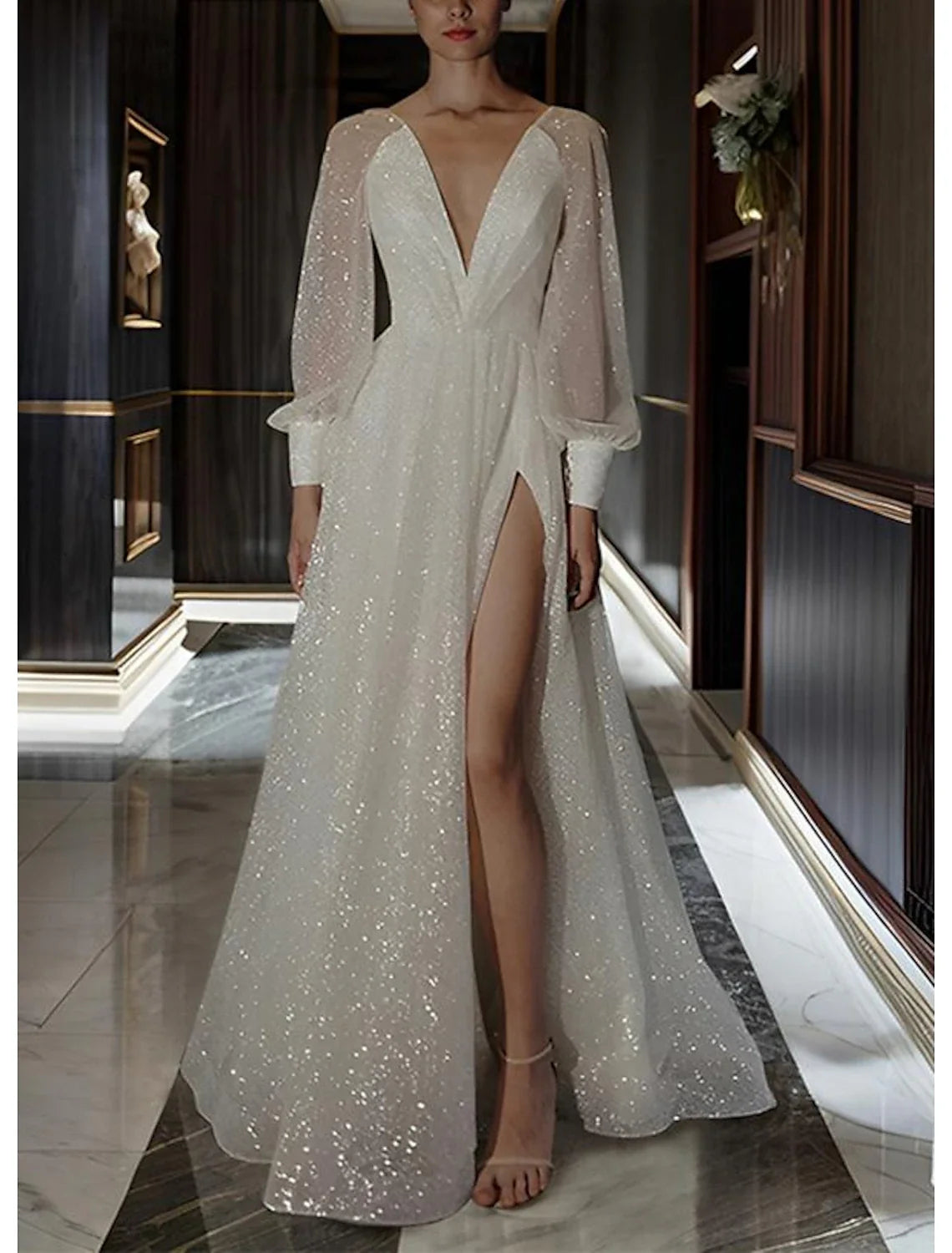 A-Line V-Neck Sequin Long Sleeve Floor-Length Wedding Gown - Chloe Dress