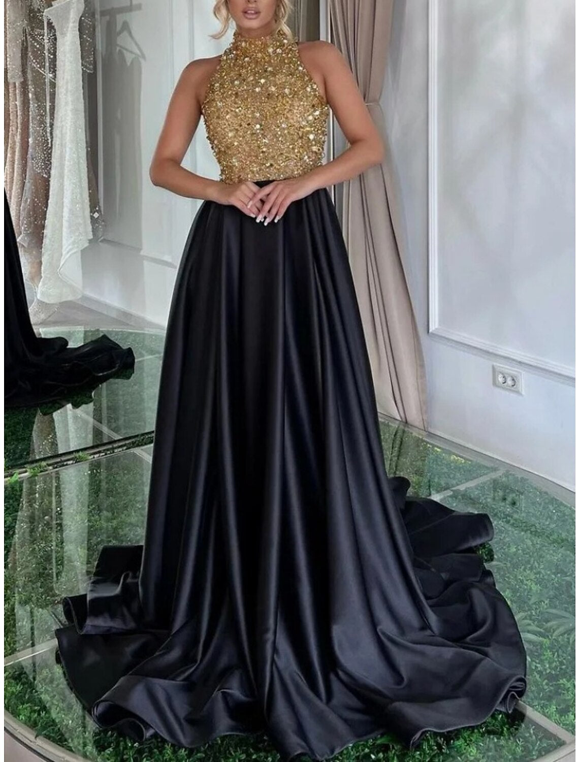 Black A-Line Satin Sleeveless Pleated Evening Gown - Chloe Dress
