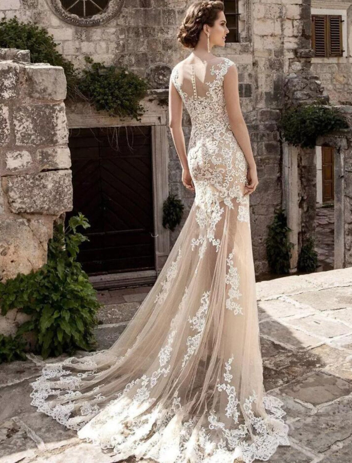 Mermaid Illusion Lace Cap Sleeve Train Wedding Gown - Chloe Dress