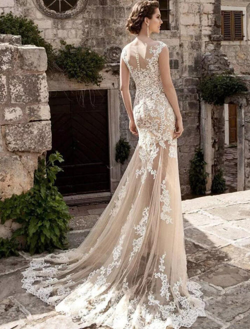 Mermaid Illusion Lace Cap Sleeve Train Wedding Gown - Chloe Dress