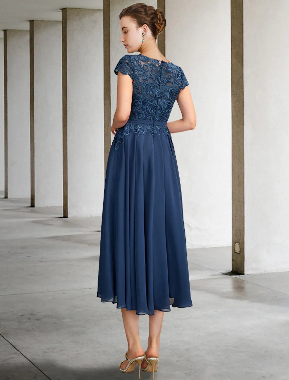 A-Line Chiffon Cap Sleeve Pleated Tea-Length Dress - Chloe Dress