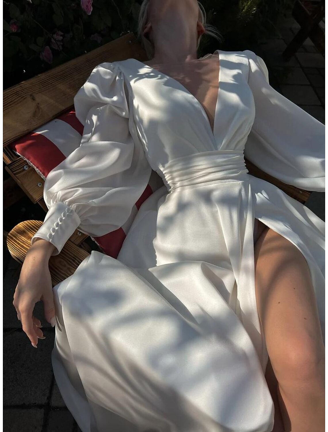 A-Line V-Neck Chiffon Long Sleeve Pleated Wedding Gown - Chloe Dress