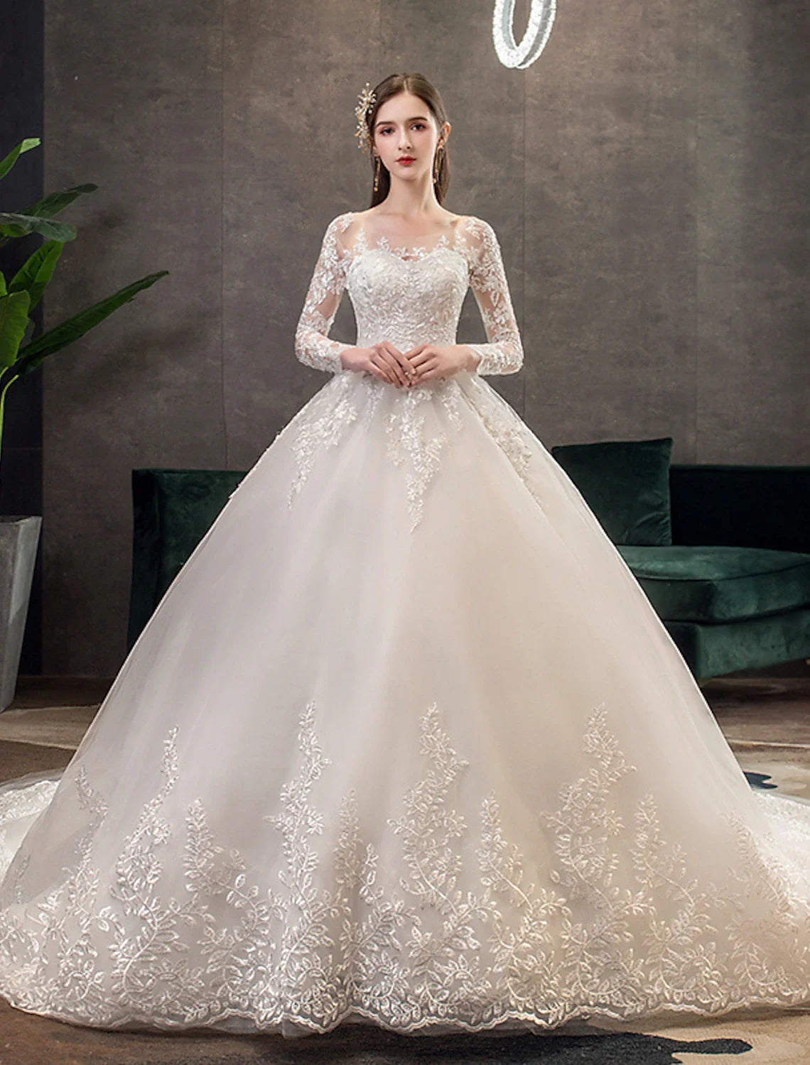 Ball Gown Illusion Lace Long Sleeve Pleated Wedding Gown - Chloe Dress