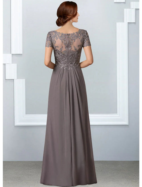A-Line V-Neck Chiffon Short Sleeve Pleated Floor-Length Dress - Chloe Dress