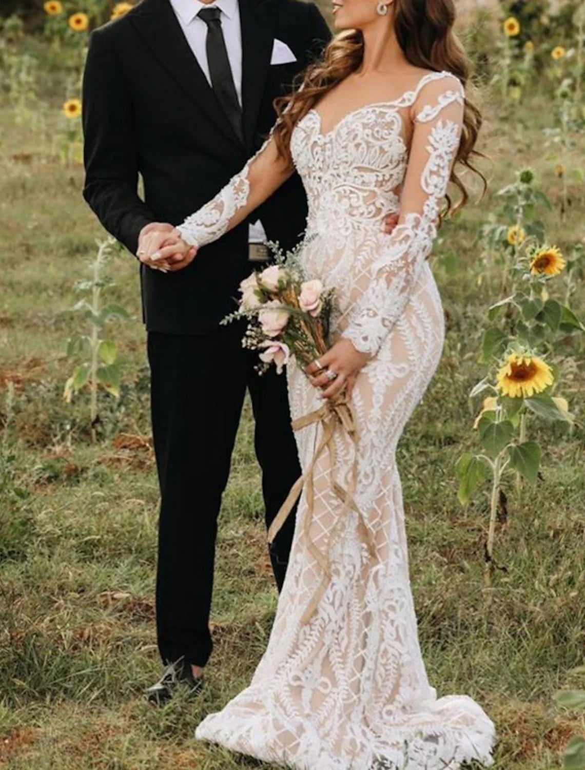 Mermaid Illusion Lace Long Sleeve Train Wedding Gown - Chloe Dress