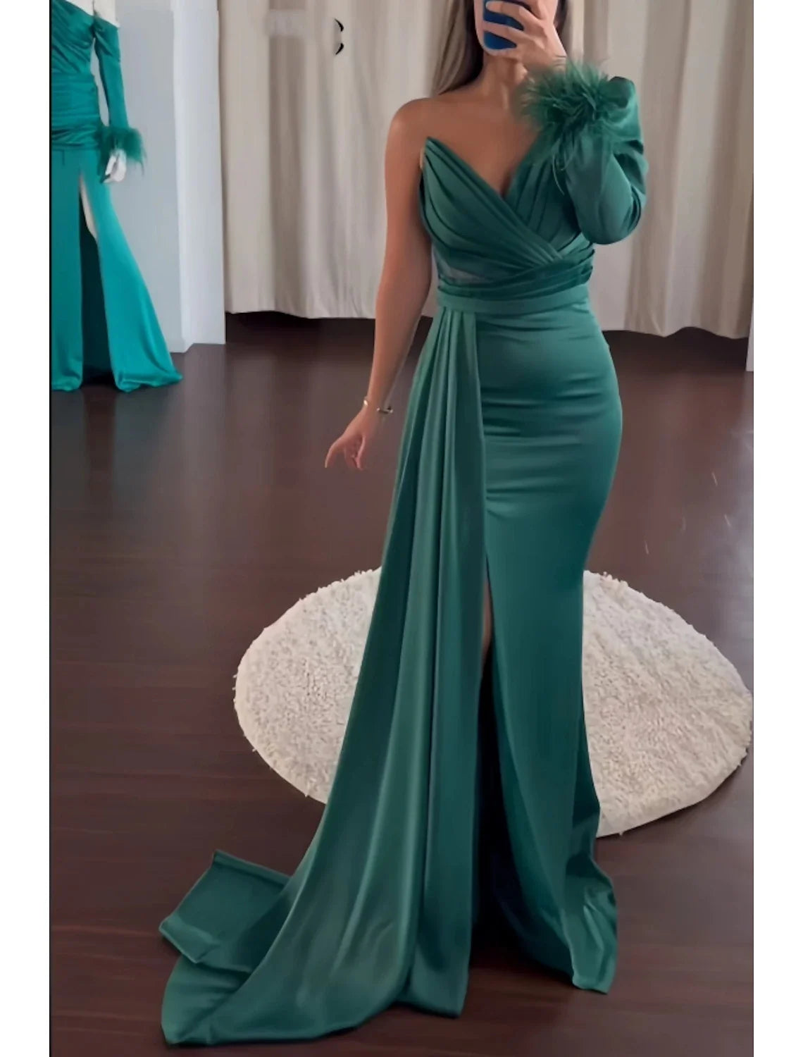 A-Line One-Shoulder Satin Long Sleeve High Slit Evening Gown - Chloe Dress