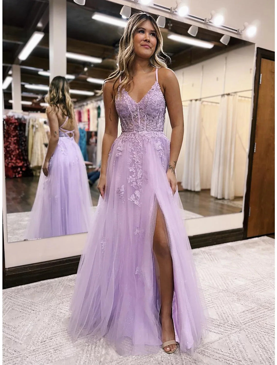A-Line V-Neck Tulle Sleeveless Open Back High Slit Floor-Length Evening Gown - Chloe Dress