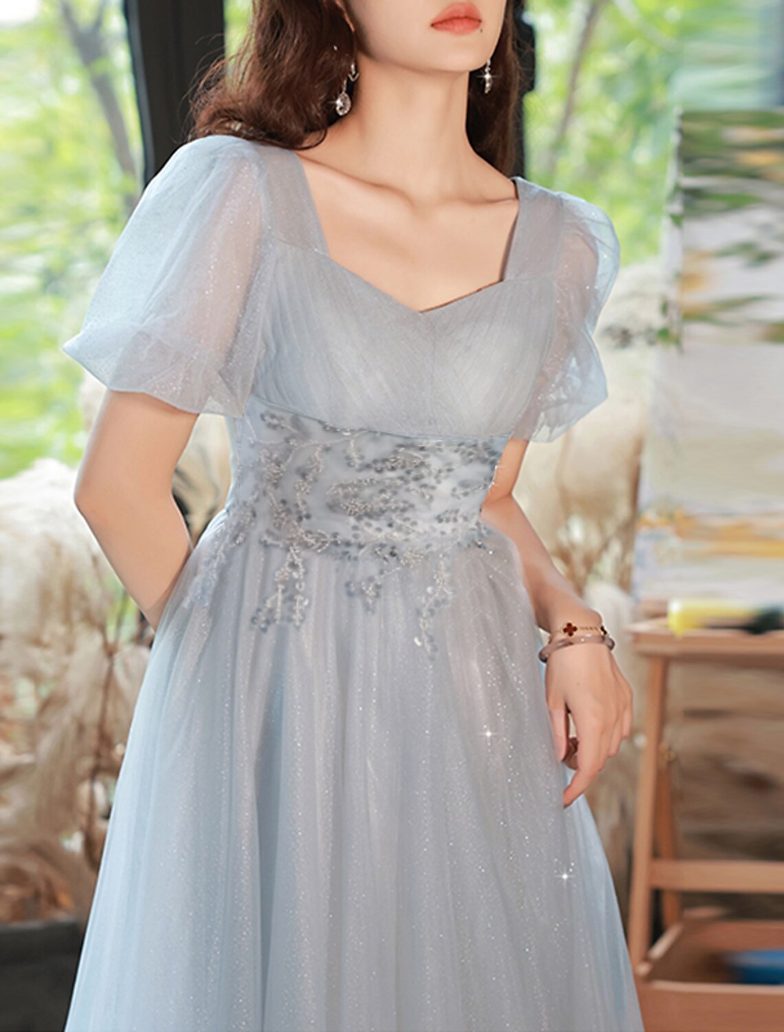 A-Line Sweetheart Tulle Short Sleeve Tiered Floor-Length Evening Gown - Chloe Dress