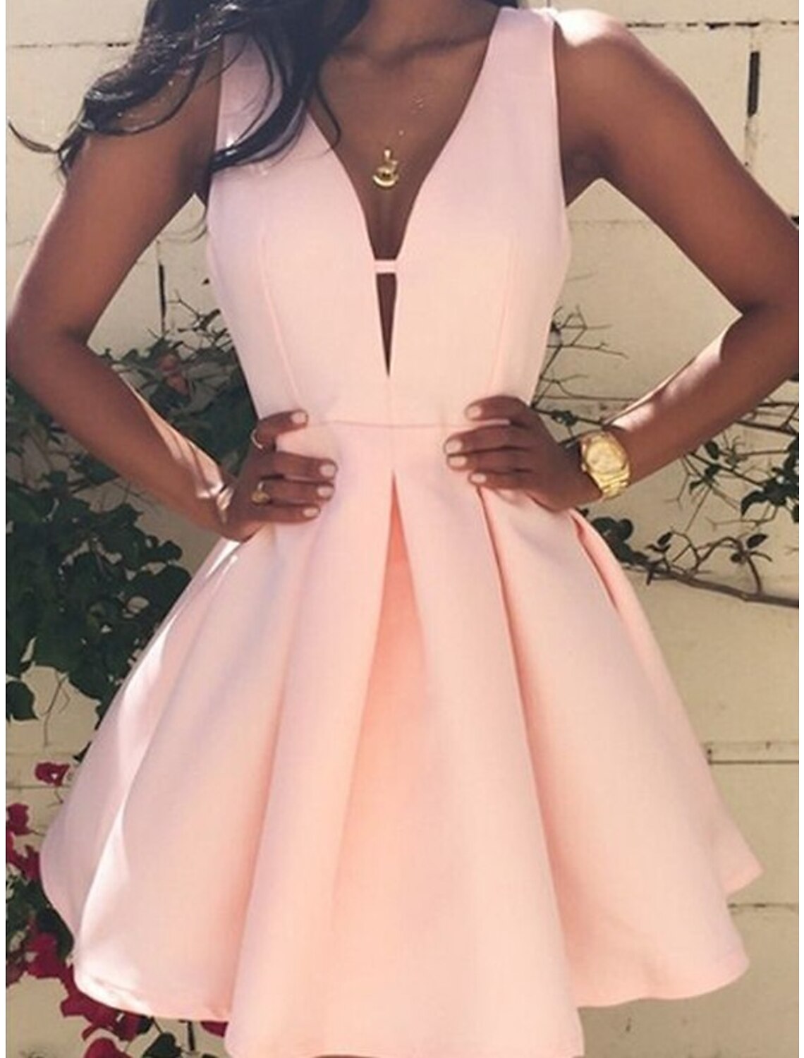 Pink A-Line V-Neck Satin Sleeveless Pleated Mini Homecoming Dress - Chloe Dress