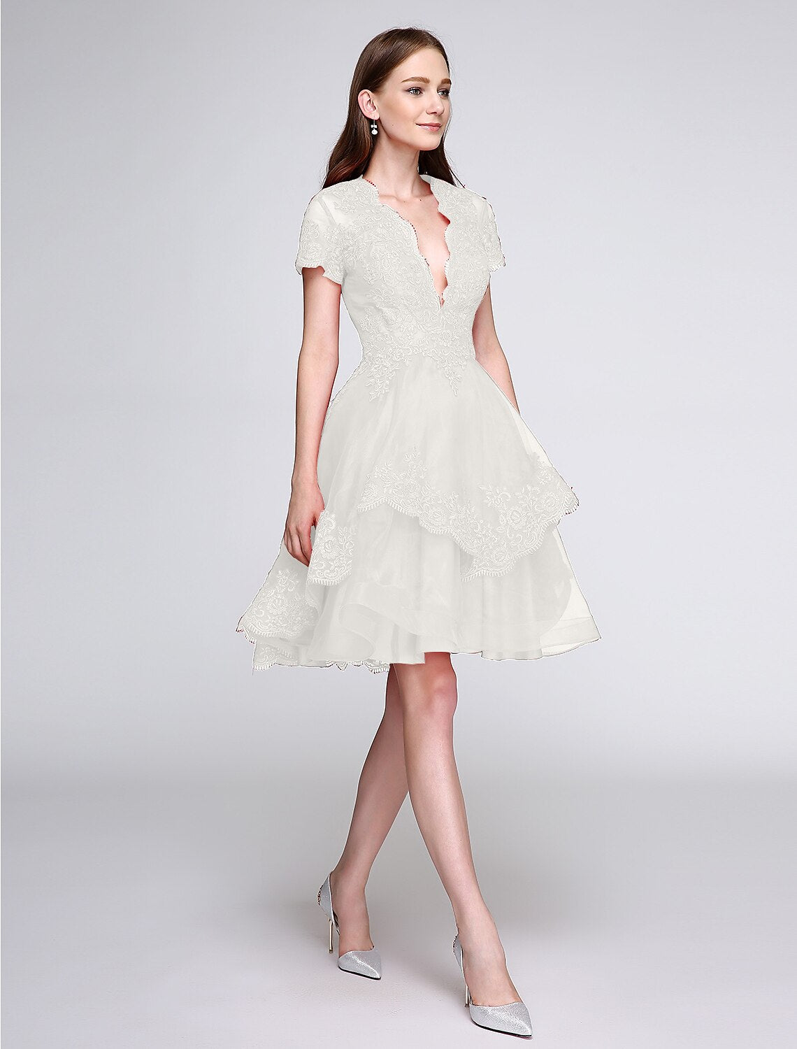 Ball Gown Plunging Organza Short Sleeve Button Back Applique Mini Prom Gown - Chloe Dress