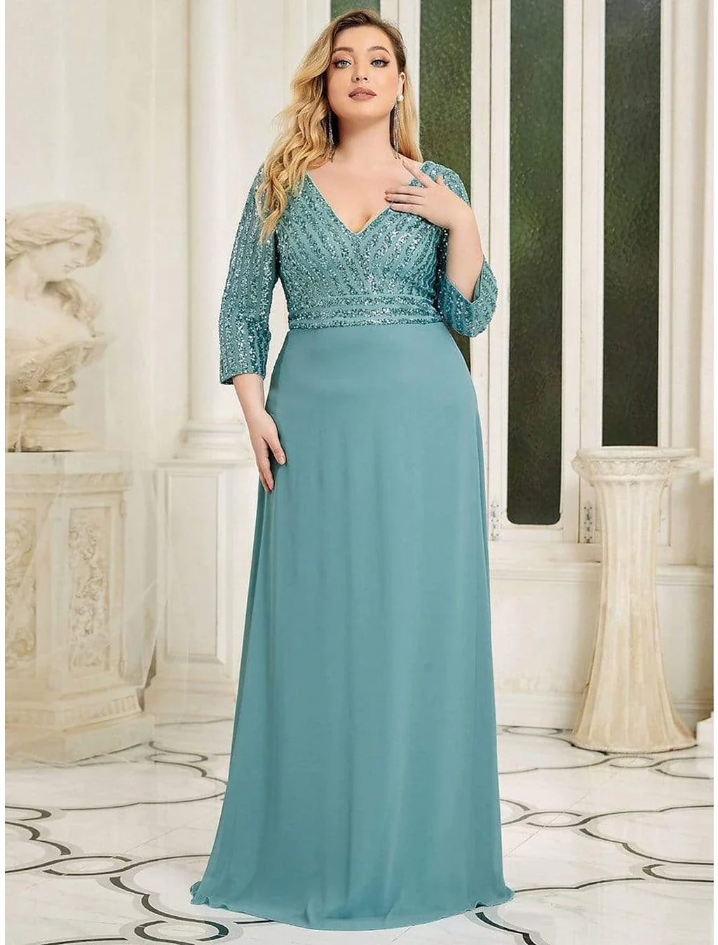 Black A-Line V-Neck Chiffon Three-Quarter Sleeve Floor-Length Evening Gown - Chloe Dress