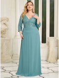Black A-Line V-Neck Chiffon Three-Quarter Sleeve Floor-Length Evening Gown - Chloe Dress