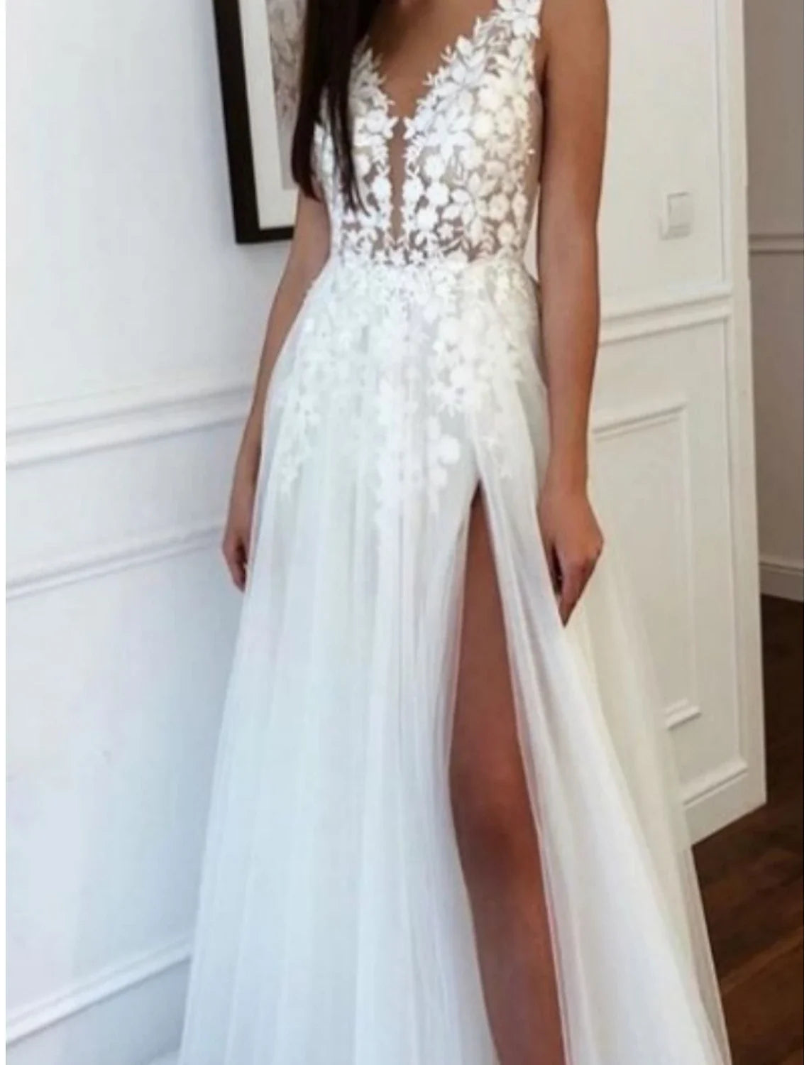 A-Line V-Neck Lace Sleeveless Pleated Floor-Length Wedding Gown - Chloe Dress