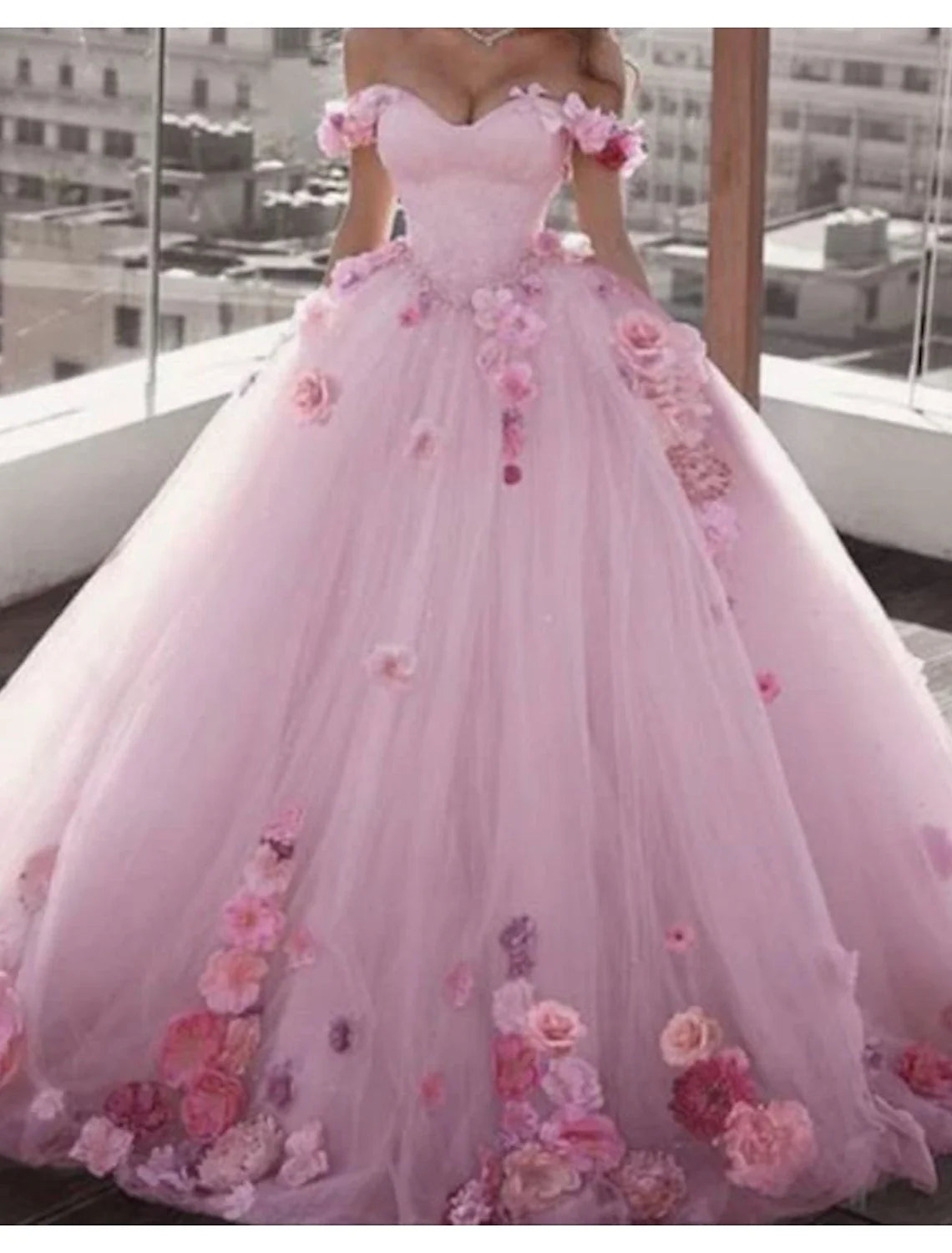 Ball Gown Off-Shoulder Satin Cap Sleeve Train Wedding Gown - Chloe Dress