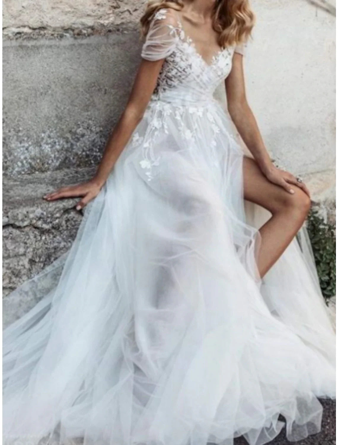A-Line V-Neck Lace Short Sleeve Pleated Mini Wedding Gown - Chloe Dress
