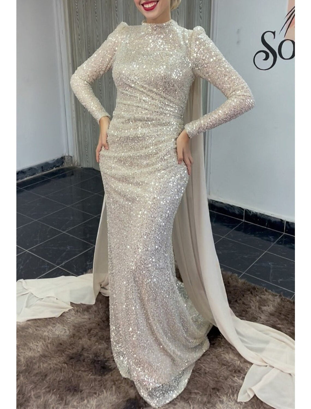 Mermaid High Neck Satin Long Sleeve Train Evening Gown - Chloe Dress