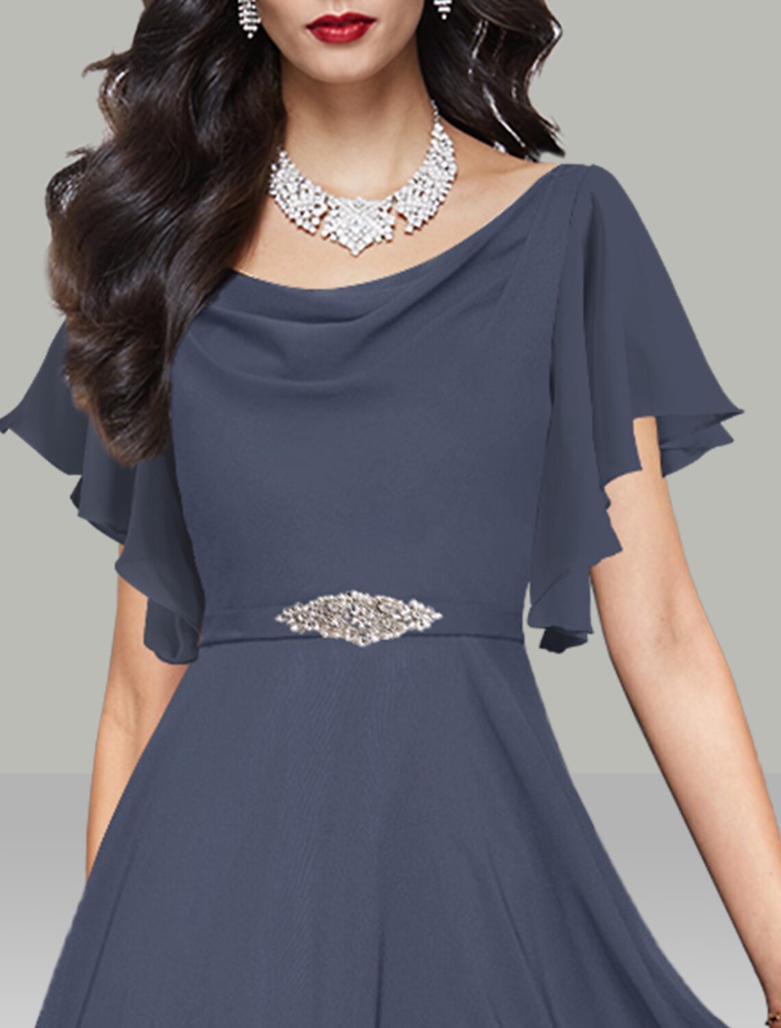 A-Line Cowl Neck Chiffon Short Sleeve Rhinestone Mini Wedding Dress - Chloe Dress