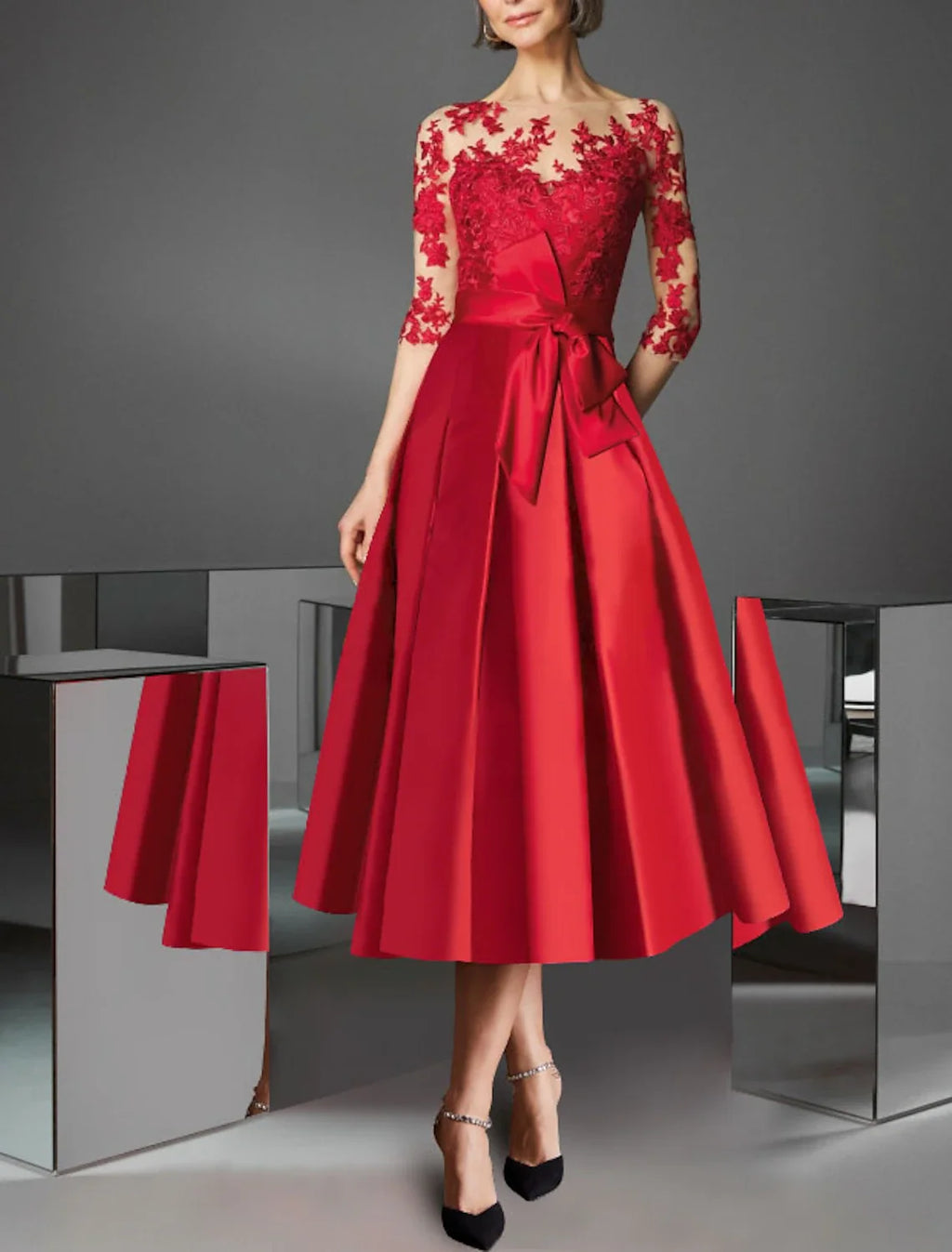 Green A-Line Off-Shoulder Satin Three-Quarter Sleeve Pleated Tea-Length Wedding Dress - Chloe Dress