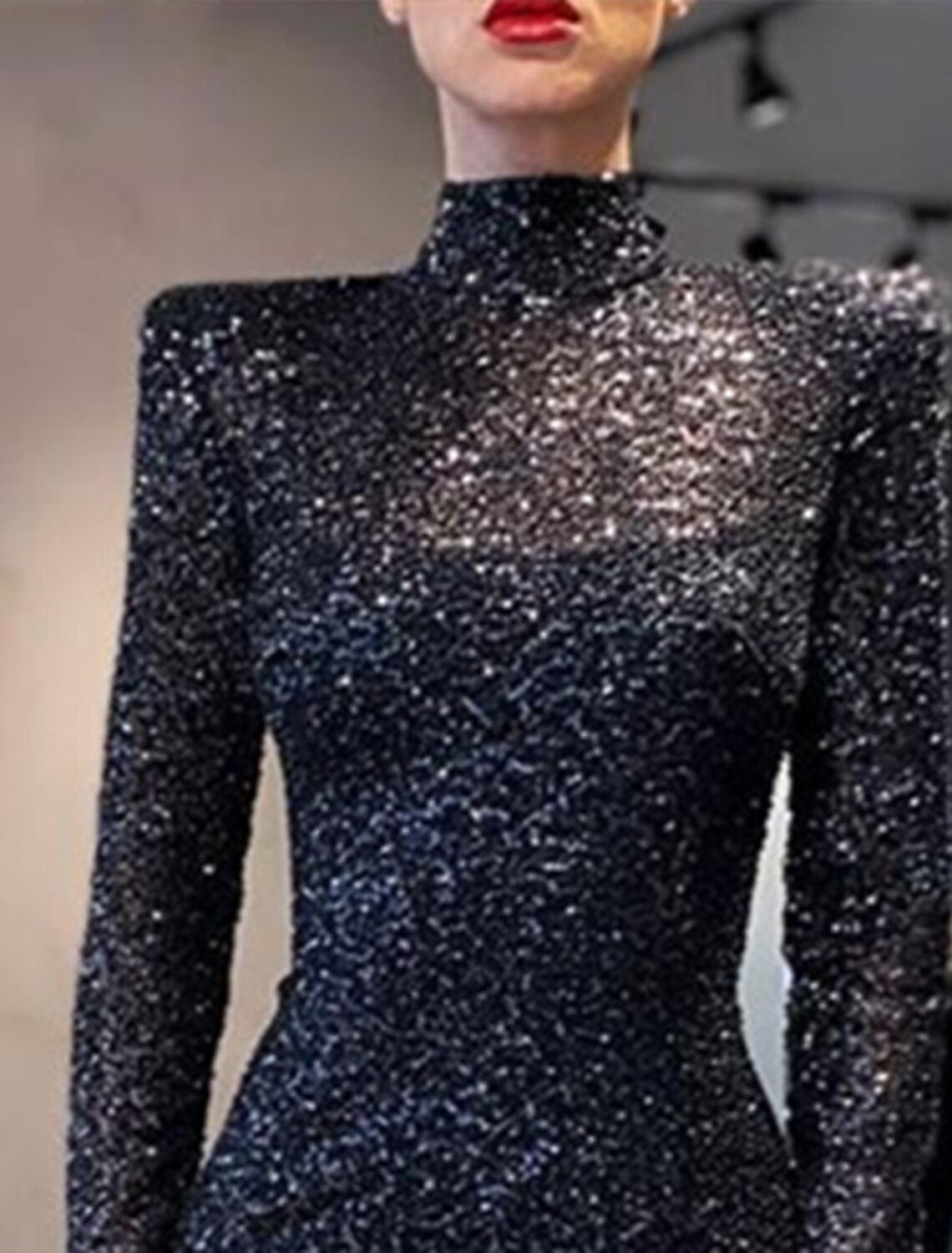 Mermaid High Neck Sequin Long Sleeve Floor-Length Evening Gown - Chloe Dress