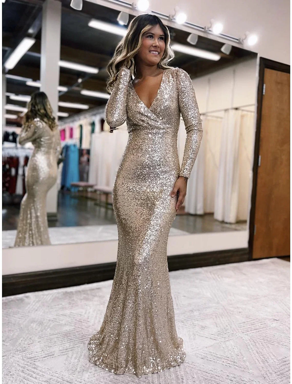 Mermaid V-Neck Sequin Long Sleeve Floor-Length Evening Gown - Chloe Dress