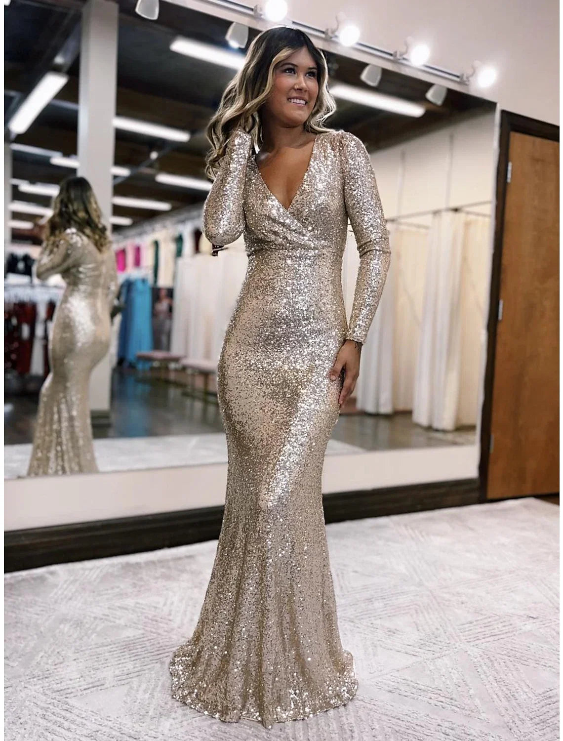 Mermaid V-Neck Sequin Long Sleeve Floor-Length Evening Gown - Chloe Dress