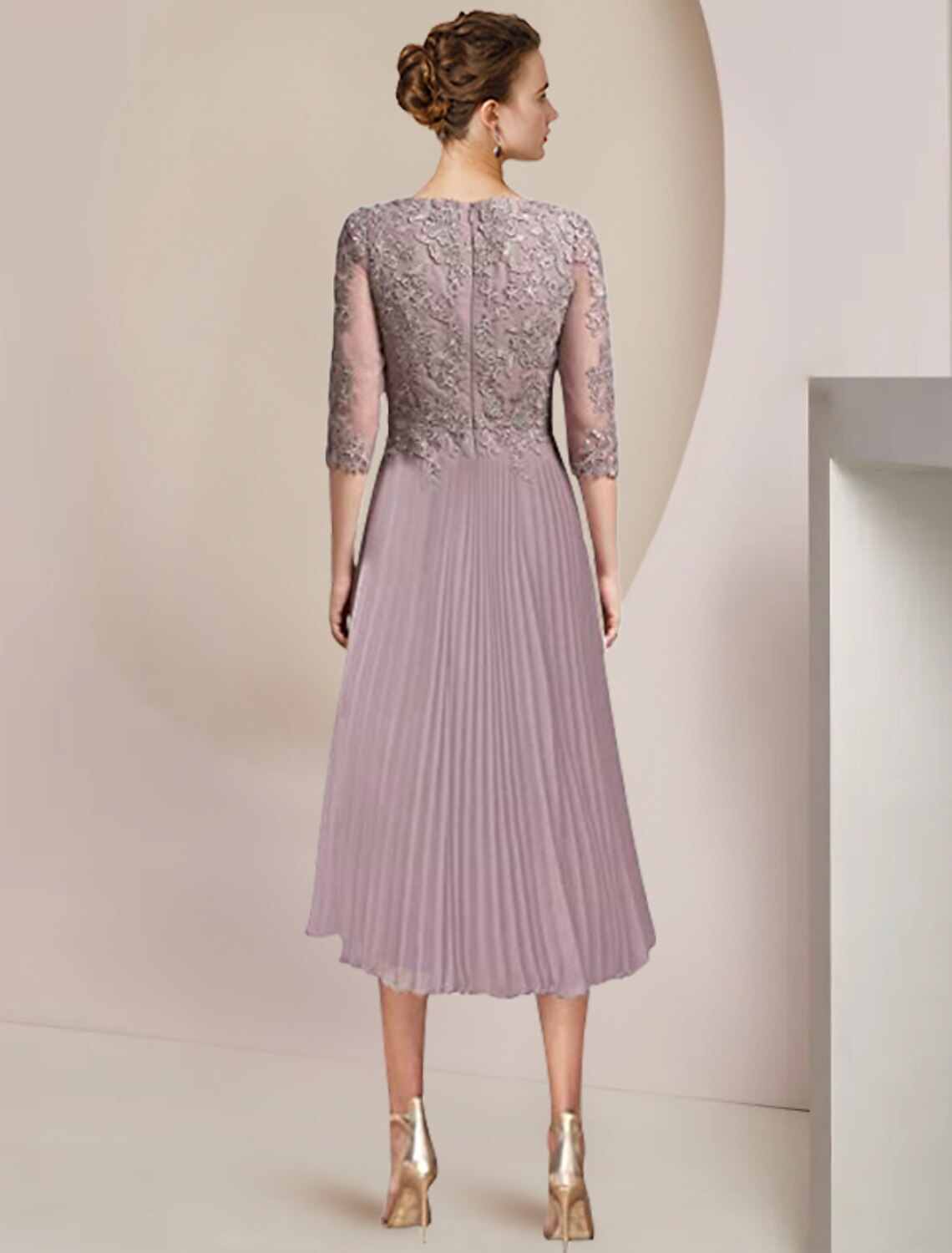 A-Line Lace Three-Quarter Sleeve Pleated Tea-Length Wedding Dress - Chloe Dress