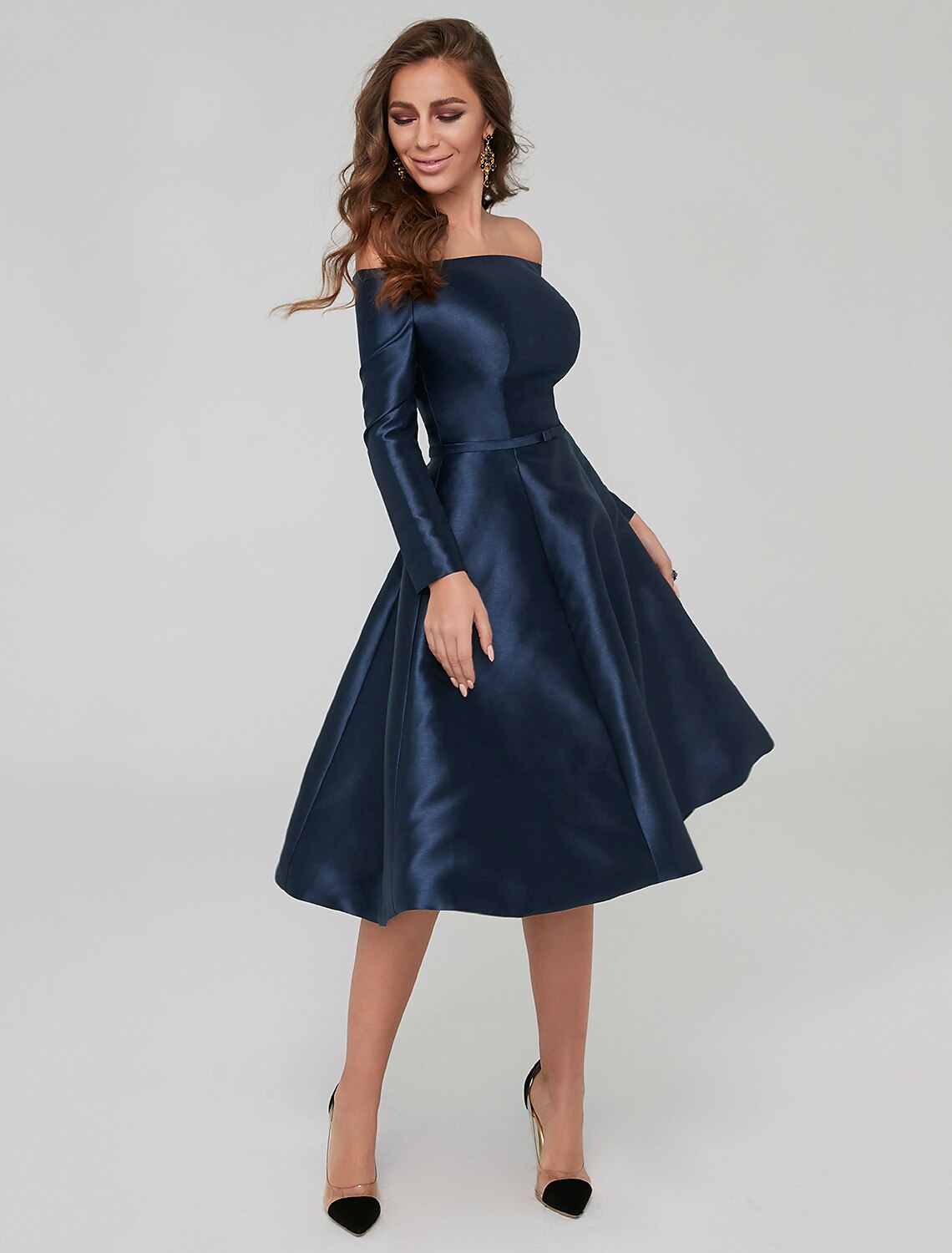 A-Line Off-Shoulder Satin Long Sleeve Pleated Knee-Length Wedding Dress - Chloe Dress