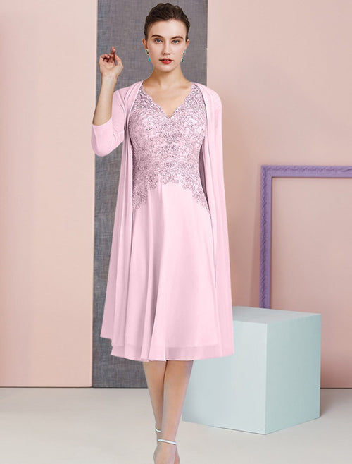 A-Line V-Neck Chiffon Three-Quarter Sleeve Applique Knee-Length Wedding Dress - Chloe Dress