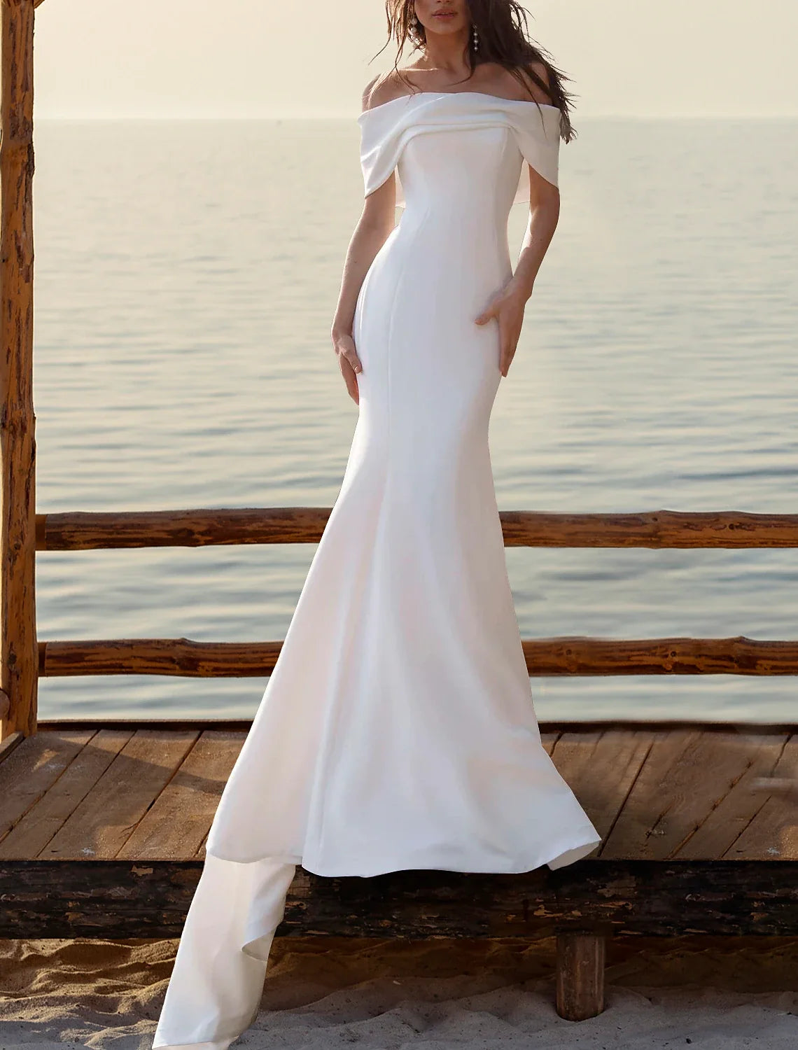 Mermaid Off-Shoulder Satin Cap Sleeve Train Wedding Gown - Chloe Dress