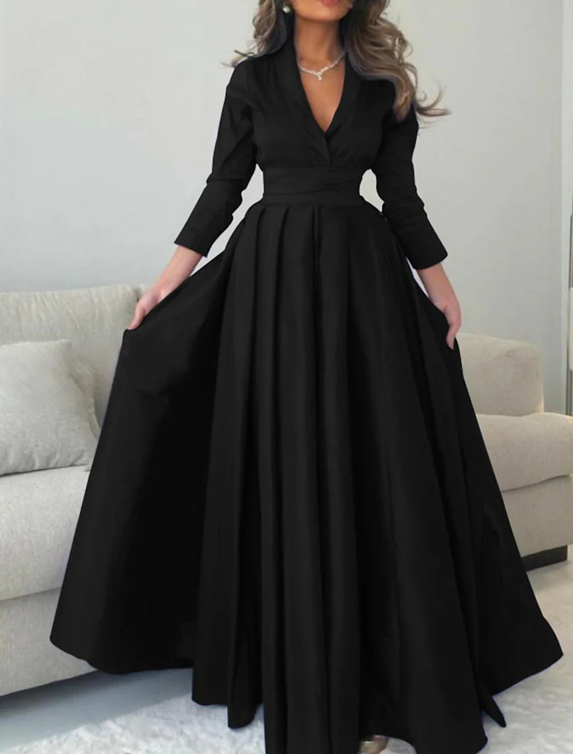 Champagne A-Line V-Neck Satin Three-Quarter Sleeve Pleated Floor-Length Evening Gown - Chloe Dress
