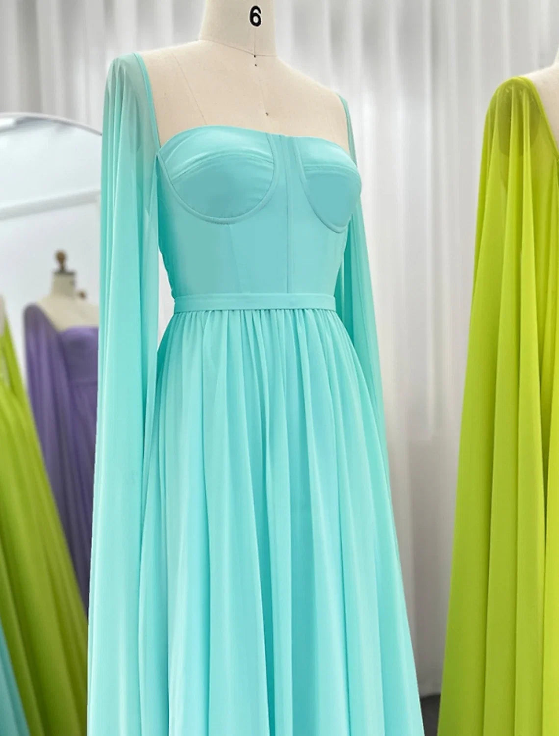 Green A-Line Square Neck Chiffon Long Sleeve Pleated Floor-Length Evening Gown - Chloe Dress