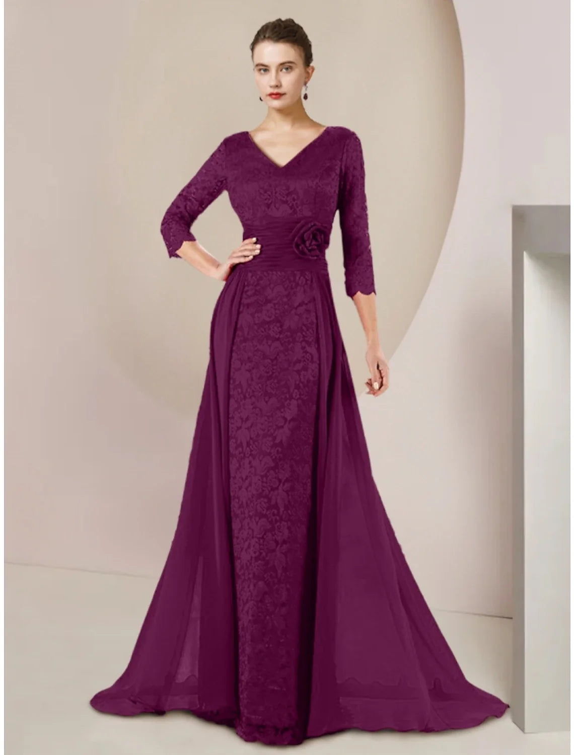 A-Line V-Neck Chiffon Three-Quarter Sleeve Applique Floor-Length Wedding Dress - Chloe Dress