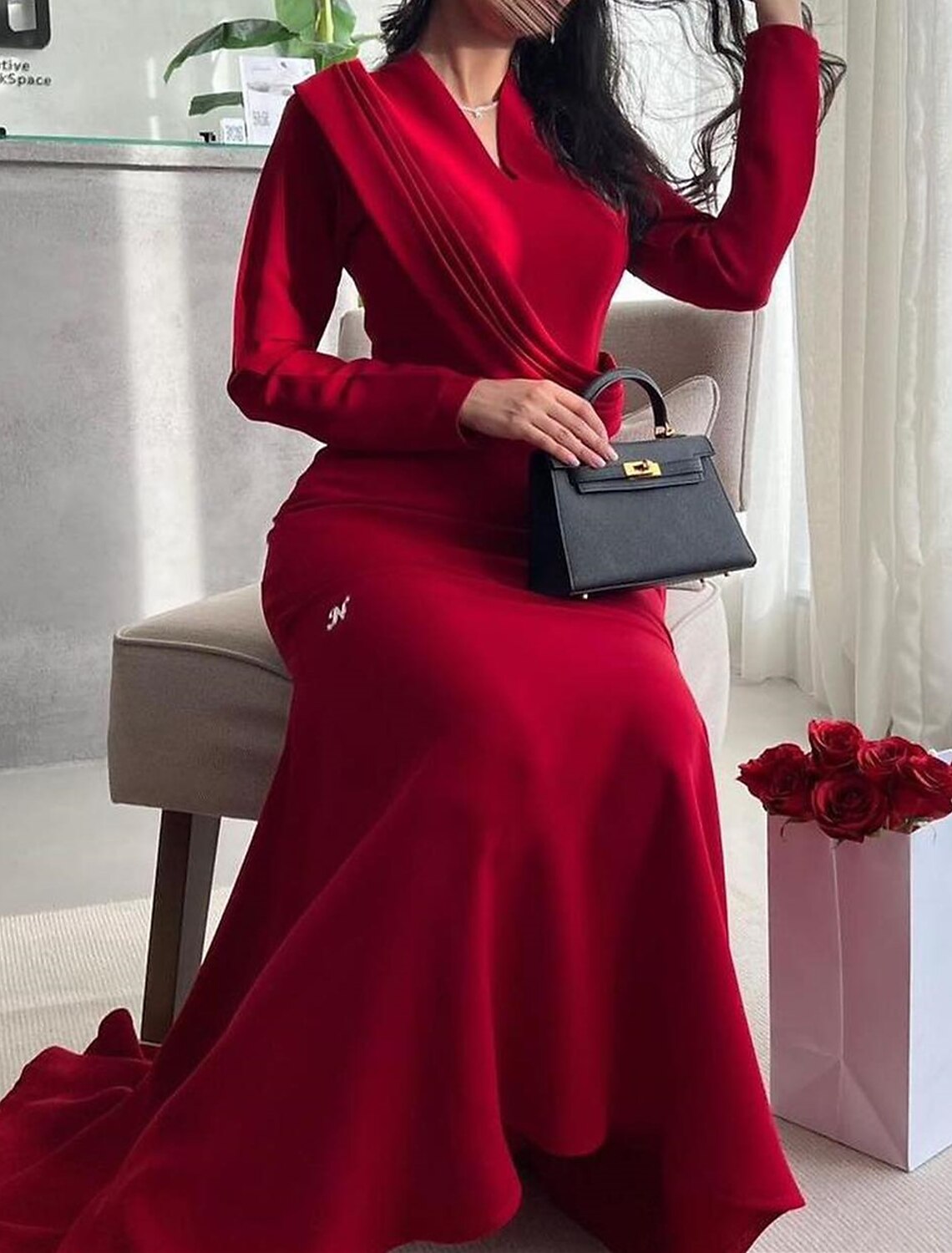Green Mermaid V-Neck Long Sleeve Train Evening Gown - Chloe Dress