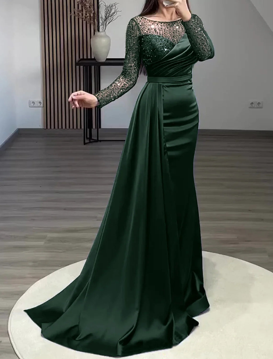 Green Mermaid Sequin Long Sleeve Train Evening Gown - Chloe Dress