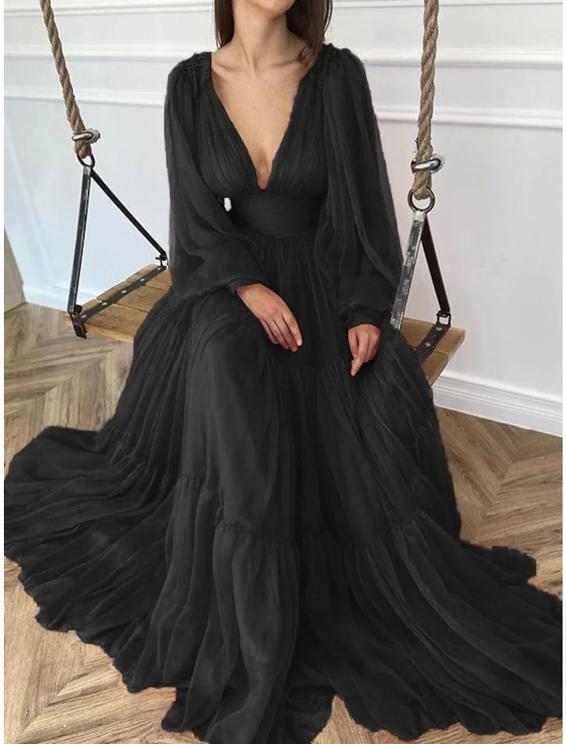 Green A-Line V-Neck Chiffon Long Sleeve Floor-Length Evening Gown - Chloe Dress