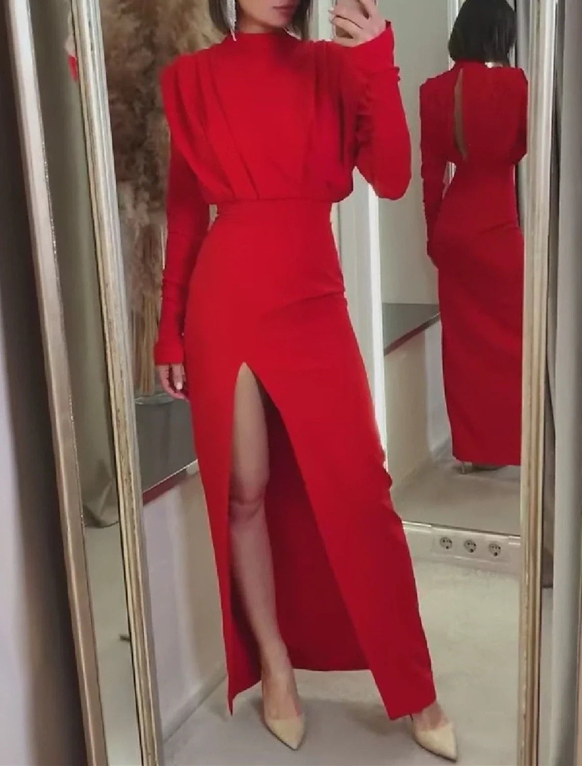 Green Sheath High Neck Long Sleeve High Slit Floor-Length Evening Gown - Chloe Dress