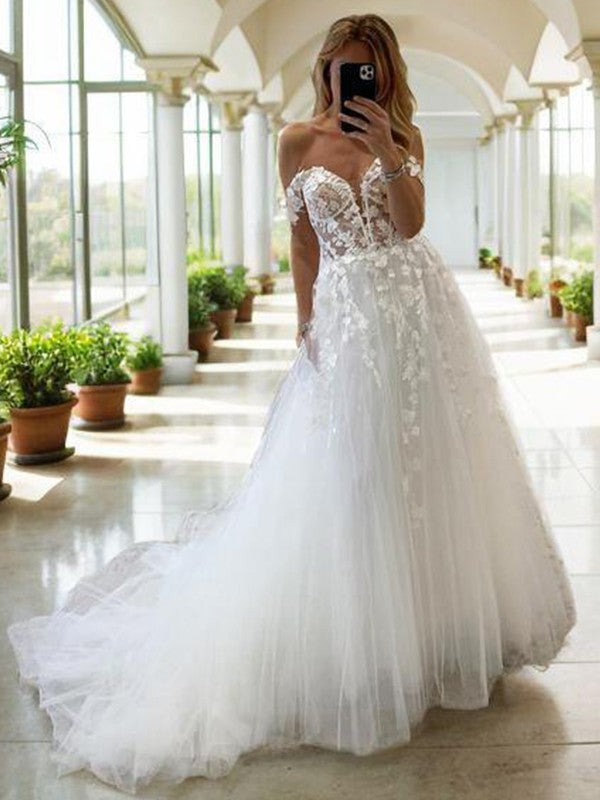 Off-Shoulder Lace Lace-Up Back Applique Wedding Dress - Chloe Dress
