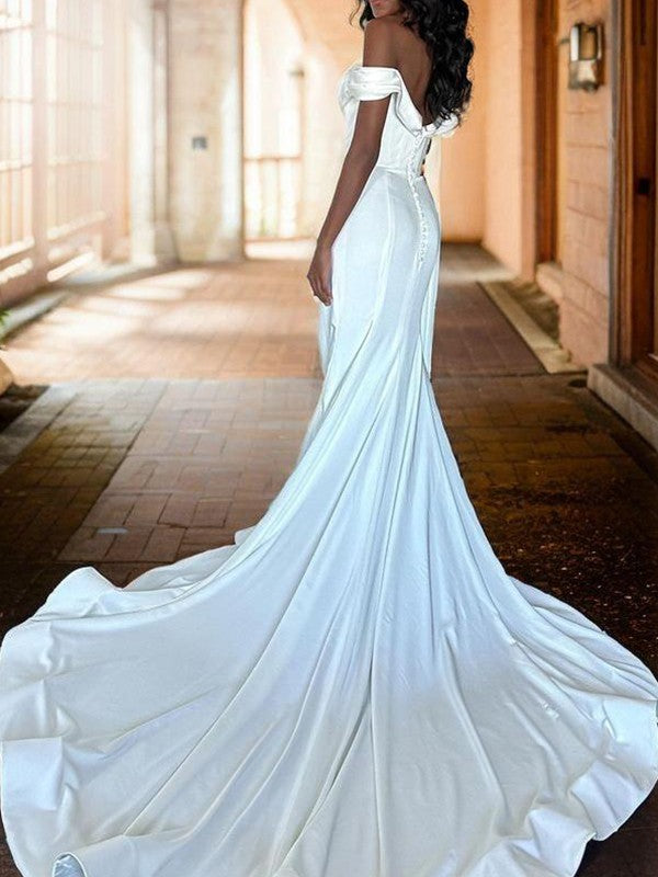 Off-Shoulder Satin Lace-Up Back Pleated Wedding Dress - Chloe Dress
