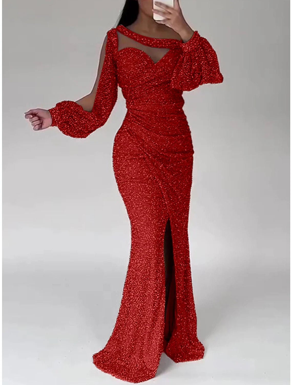 Green Mermaid Sequin Long Sleeve High Slit Evening Gown - Chloe Dress