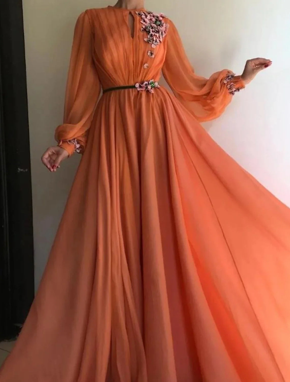 A-Line Chiffon Long Sleeve Pleated Floor-Length Prom Dress - Chloe Dress