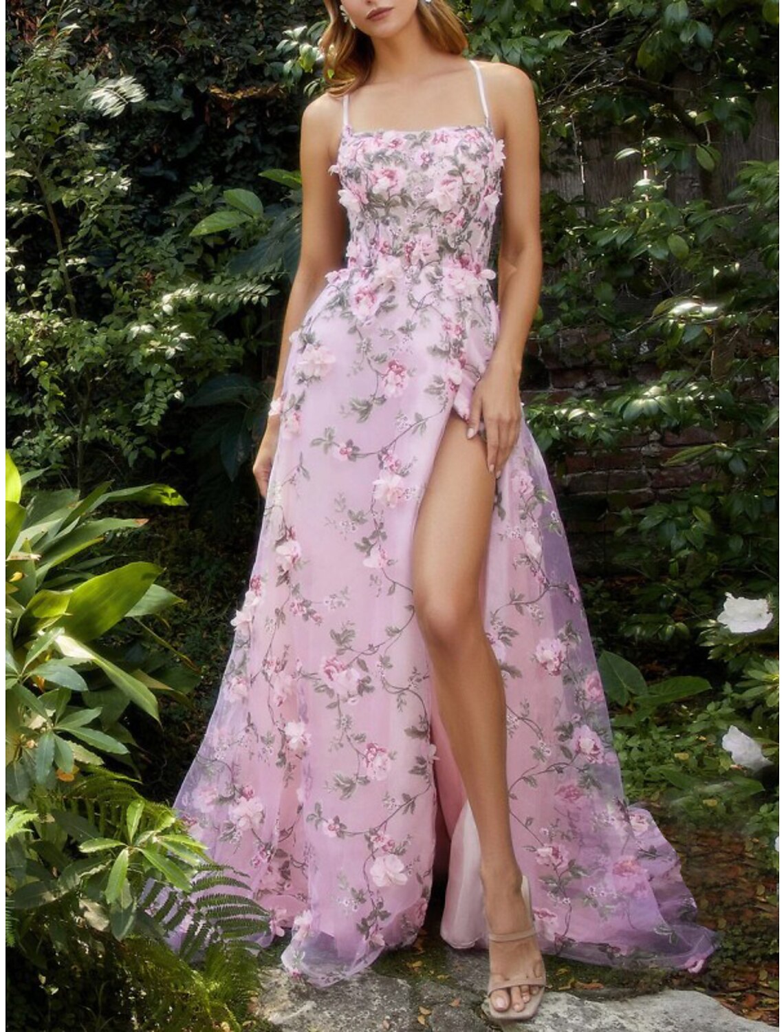 Sheath Spaghetti Strap Lace Sleeveless Backless High Slit Prom Dress - Chloe Dress
