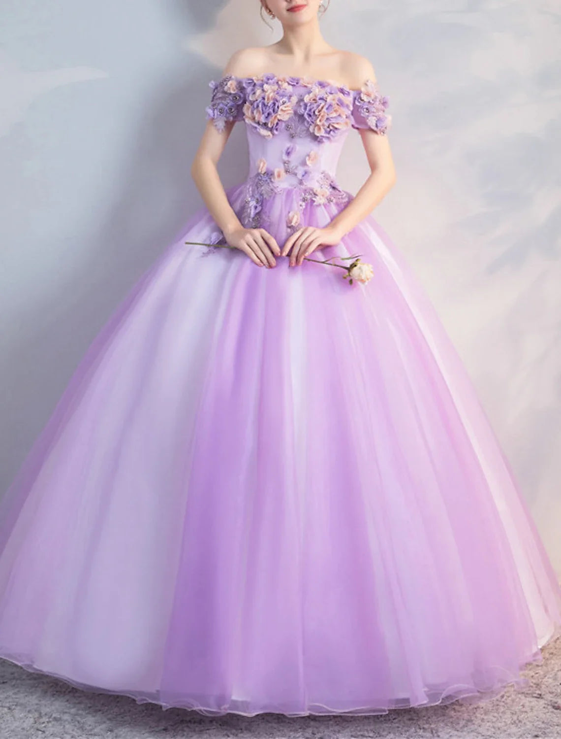 Ball Gown Off-Shoulder Polyester Short Sleeve Applique Floor-Length Prom Gown - Chloe Dress