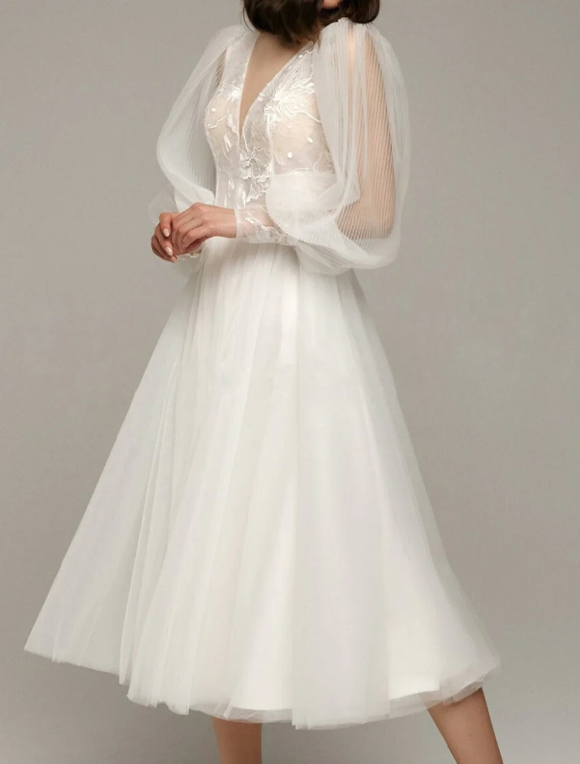 White A-Line V-Neck Satin Long Sleeve Applique Tea-Length Wedding Gown - Chloe Dress