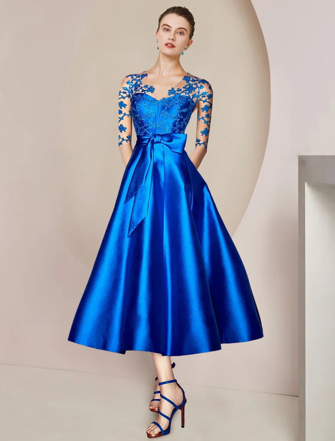 A-Line V-Neck Satin Pleated Tea-Length Wedding Dress - Chloe Dress