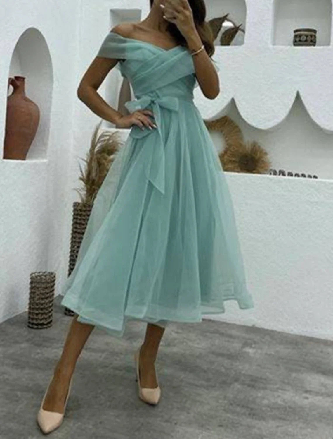 A-Line Off-Shoulder Organza Sleeveless Tea-Length Wedding Dress - Chloe Dress