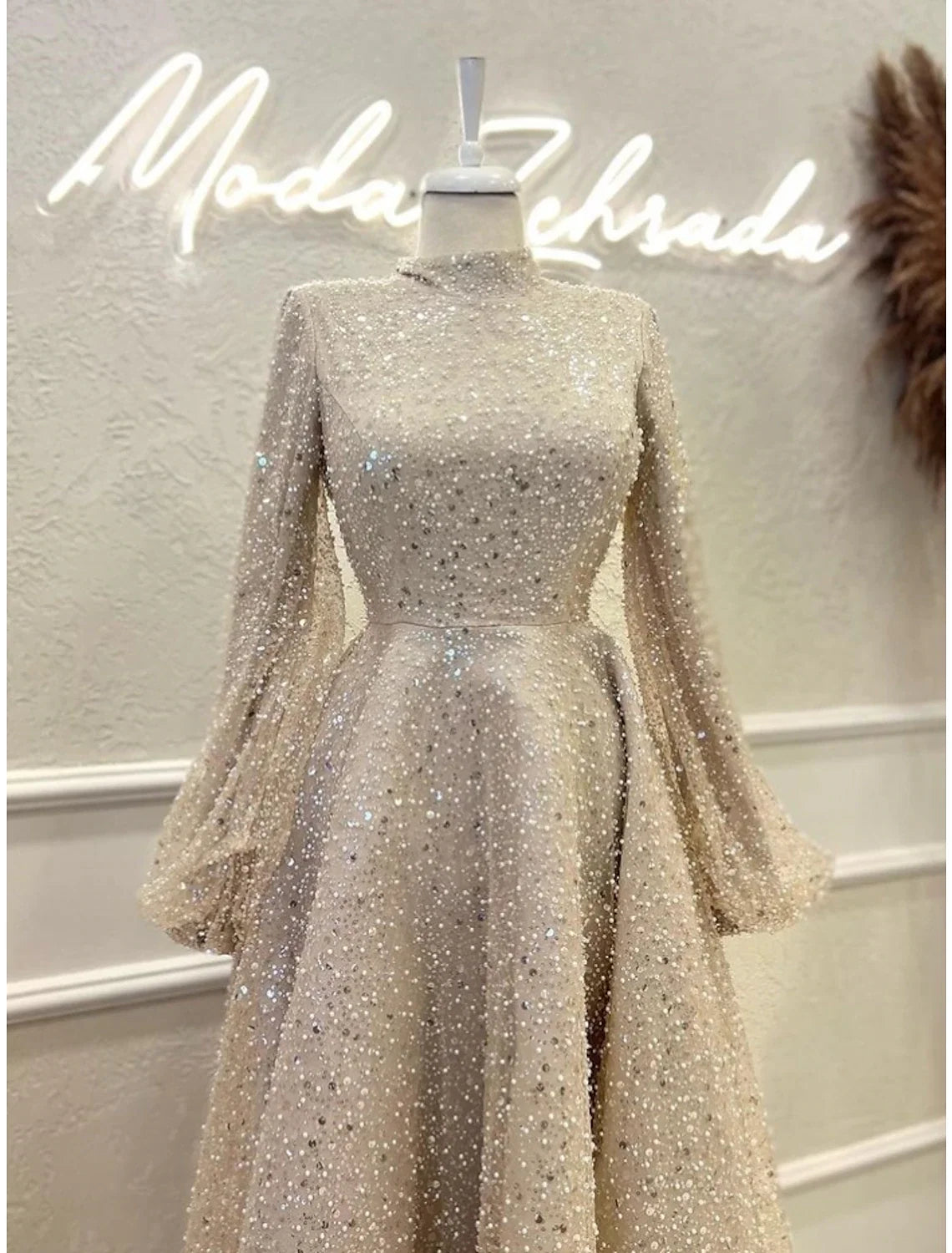 A-Line High Neck Sequin Long Sleeve Pleated Ankle-Length Evening Gown - Chloe Dress