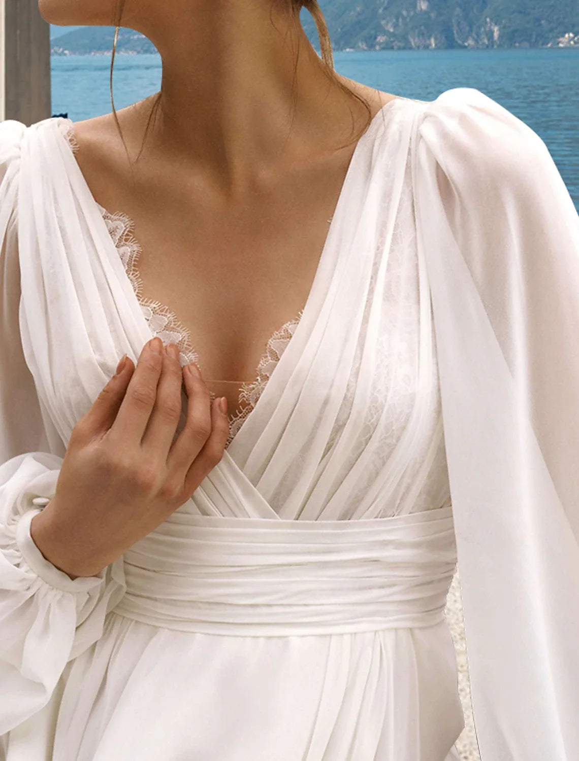 A-Line V-Neck Chiffon Long Sleeve Pleated Wedding Gown - Chloe Dress