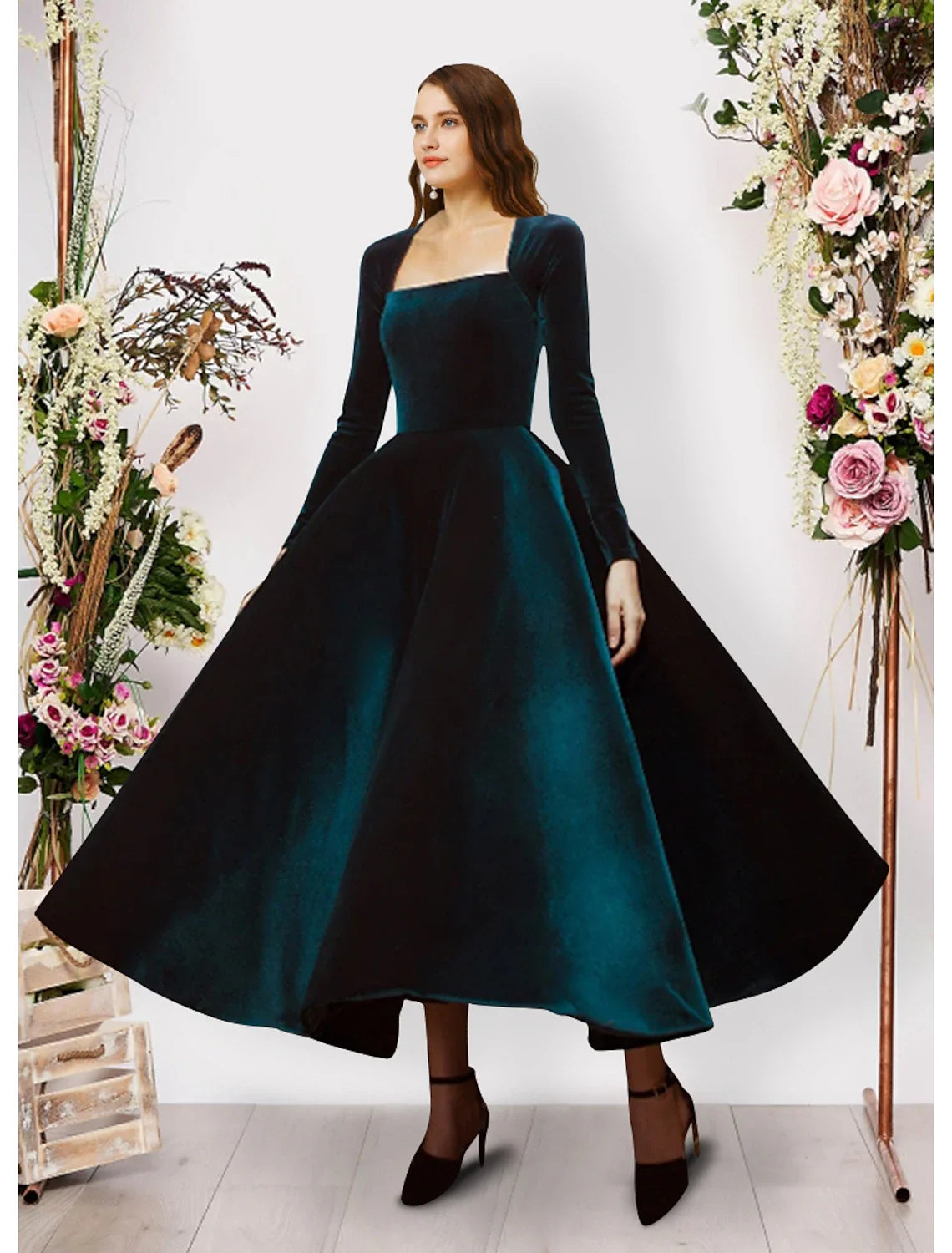 Ball Gown Square Neck Velvet Long Sleeve Ankle-Length Evening Gown - Chloe Dress