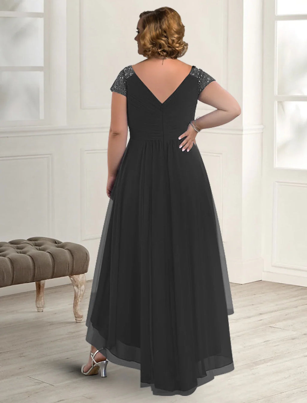 A-Line V-Neck Chiffon Short Sleeve Pleated Floor-Length Dress - Chloe Dress