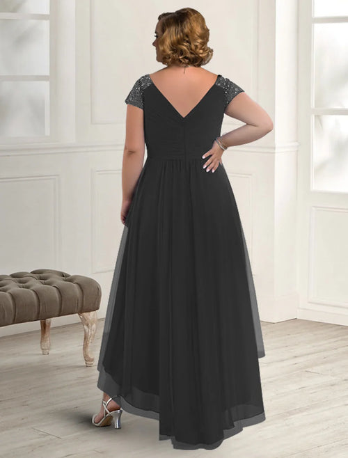 A-Line V-Neck Chiffon Short Sleeve Pleated Floor-Length Dress - Chloe Dress
